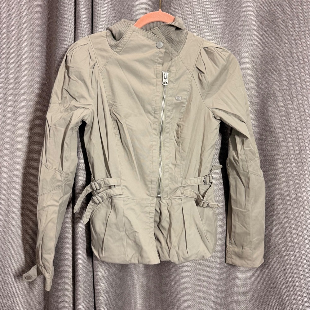 Armani Exchange Jacket Womens Small Tan Khaki Excellent Asymmetric Peplum Moto